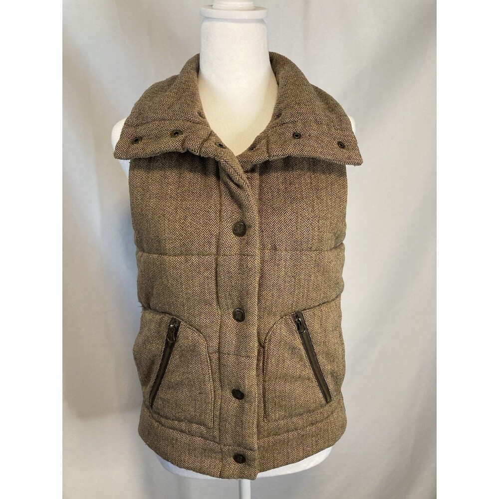 Wool Blend Vest Women M Brown Herringbone Puffer Gorpcore Boho Western Cowgirl
